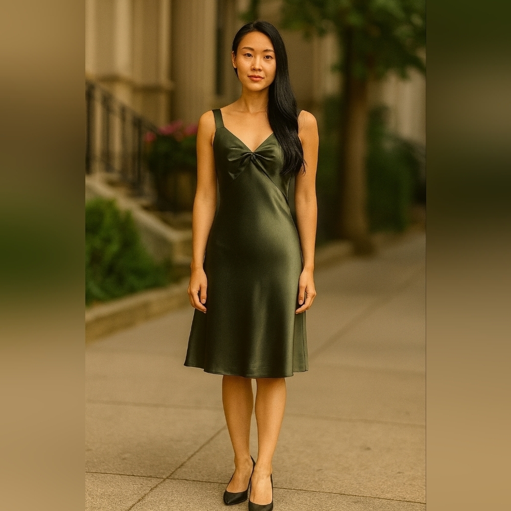 Satin dress with embroidery. Size 10. Plunging Neckline. - Picture 11 of 12